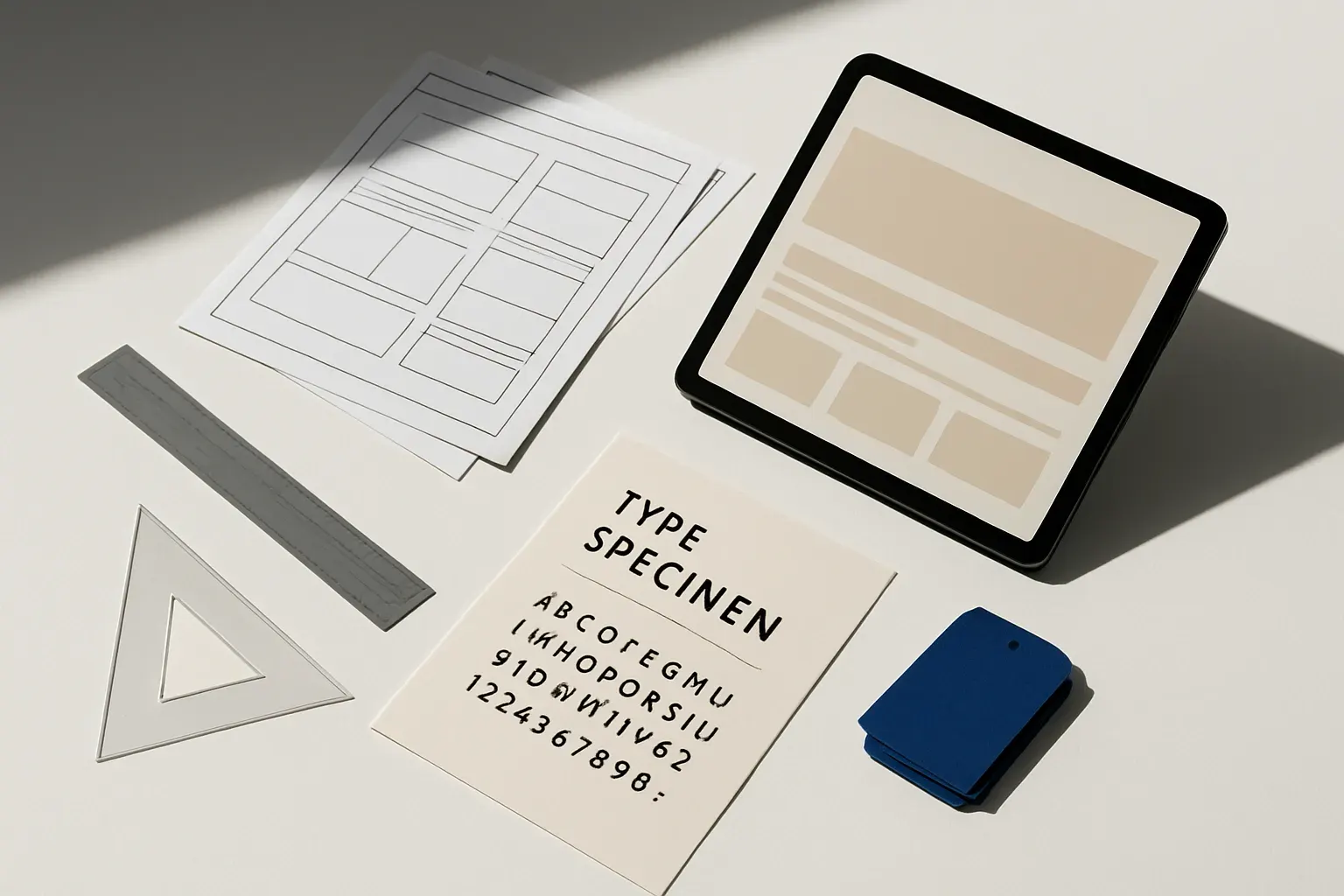 A studio work surface with layered wireframe sheets, a printed type specimen card, a steel rule and a tablet showing abstract interface blocks.